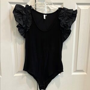 Glam Black Ruffled Sleeve Bodysuit Top
